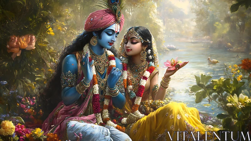 Divine lovers share a serene moment by a radiant riverside