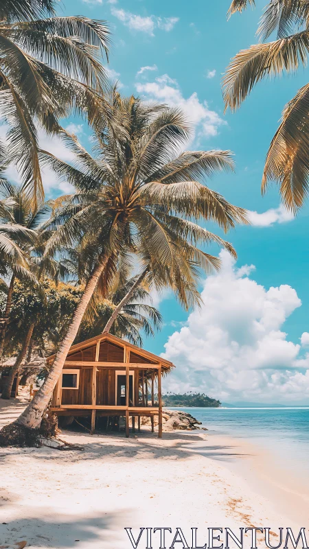 Wooden beach shelter beneath palm tree, tropical coastal setting