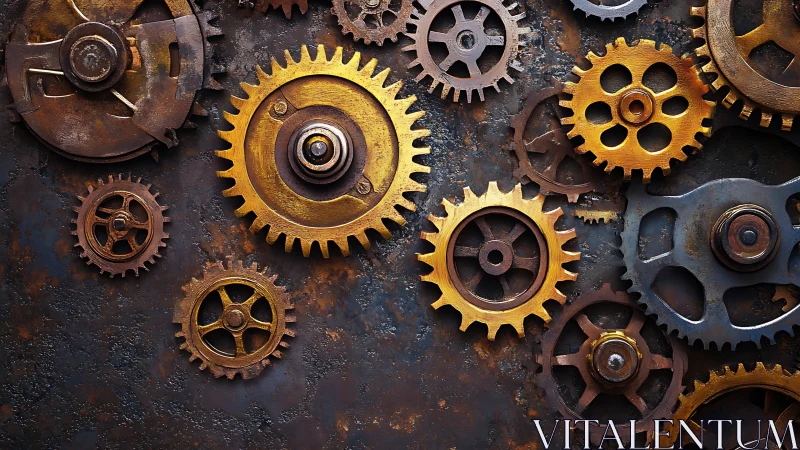 Interlocked brass and steel cogs on corroded metal surface.