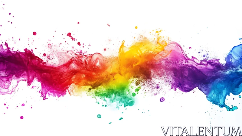 Chromatic fluid explosion across white negative space.