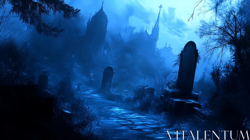 Moonlit gothic graveyard path recedes toward spectral chapel