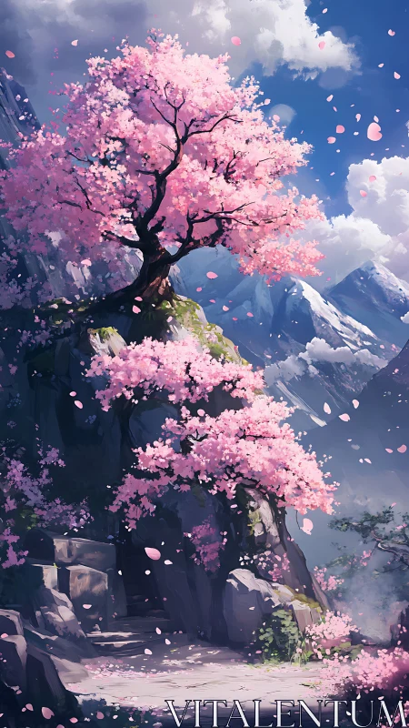 High-altitude cherry blossom ridge under volumetric spring light.