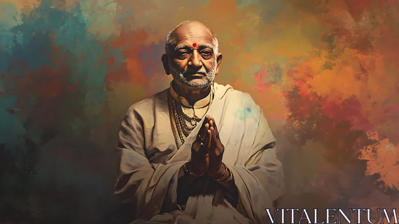 Elderly spiritual guru in folded-hands pose, warm aura glow.