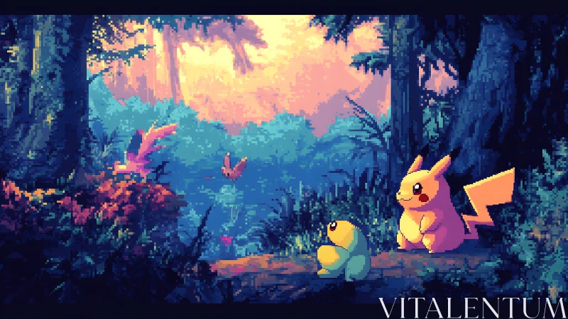 Pikachu and Bulbasaur explore pixelated forest landscape
