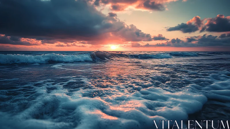 Sunset light intersects low waves and foamy shoreline