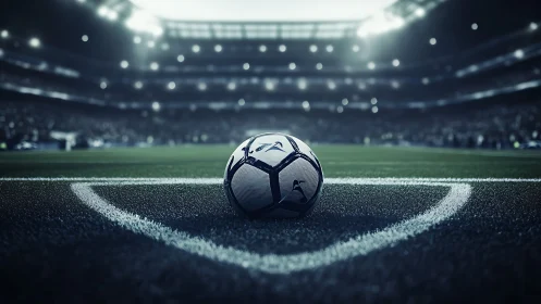 Stadium lights glow as a lone soccer ball awaits kickoff