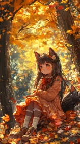 Autumn forest fox-girl portrait in golden falling leaves.