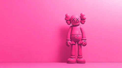 Monochrome pink vinyl toy figure against minimalist backdrop