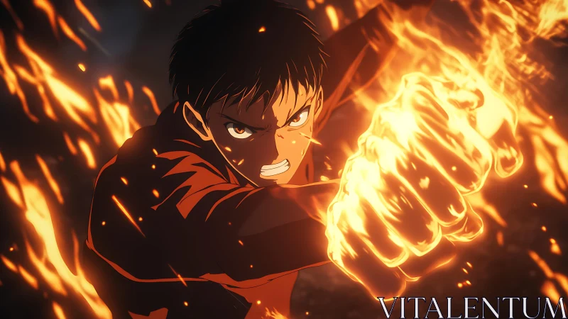 Fiery young hero unleashes a blazing punch in mid battle