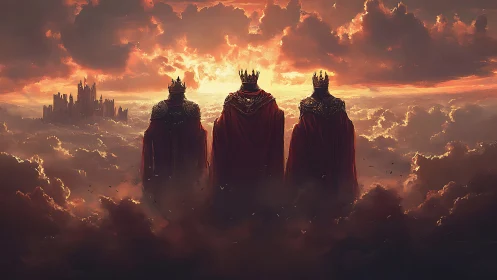 Three crowned rulers survey distant citadel above clouds.