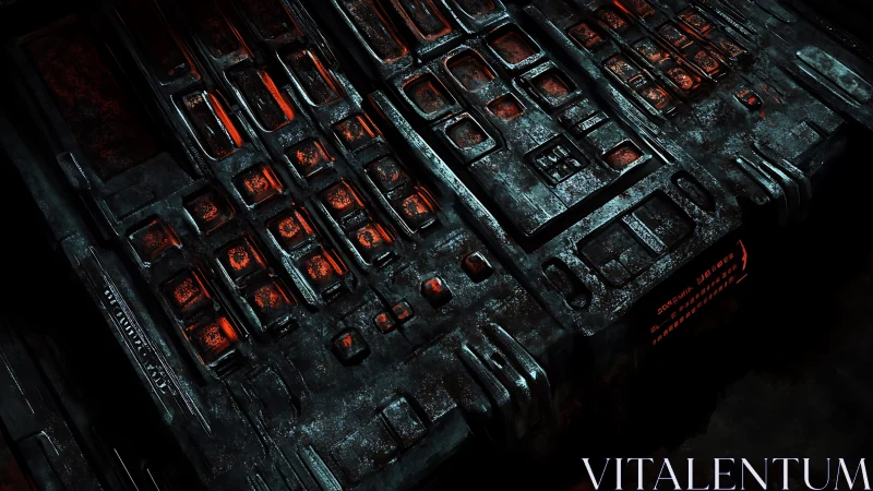 Rust-lit sci fi control deck glowing with ember circuitry.