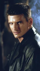 Brooding man in leather jacket under dramatic low light.