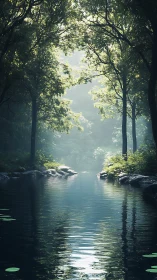 Ethereal River Tunnel Through Dense Luminous Forest Canopy