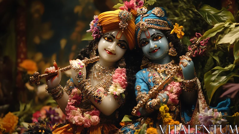 Radiant divine figures share music, flowers, and gentle joy