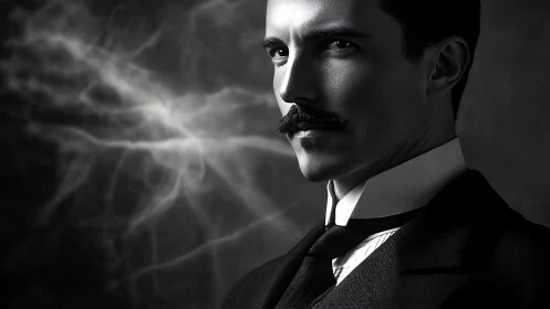 Monochrome portrait with lightning-charged background focus.