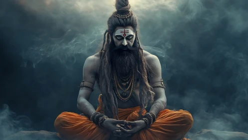 Ashen mystic in orange drapery breathing stormless silence.