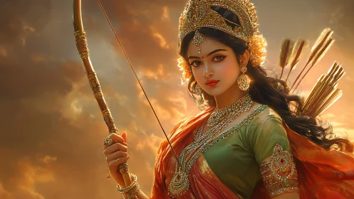 Ornate archer figure in traditional attire at sunset.