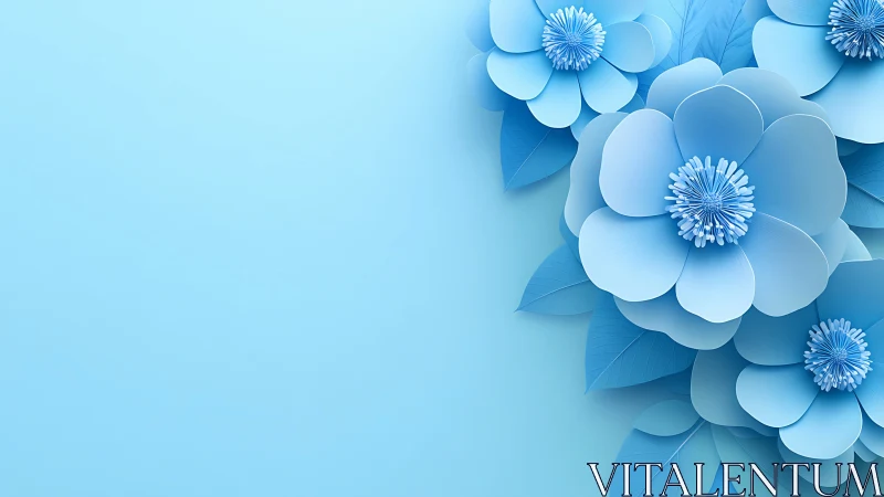 Layered Paper Flowers in Soft Blue Gradient. Digital Botanical Illustration.
