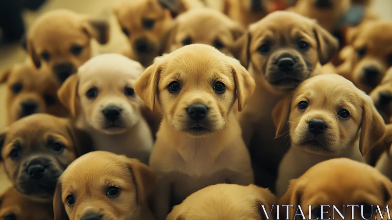 Golden retriever puppies in tight cluster, shallow depth focus.