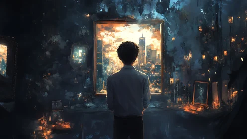 Solitary figure observing illuminated city through window.