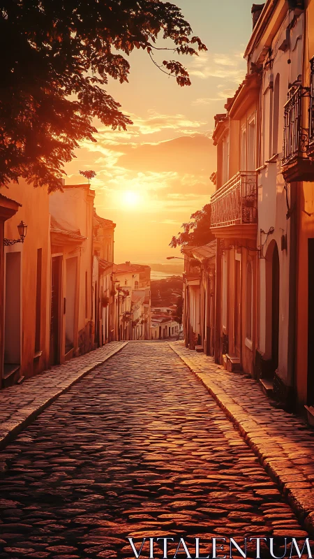 Photorealistic cobblestone street at sunset with warm facades.