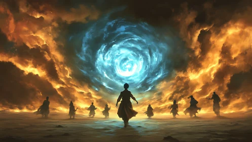 Robed figures approach blue vortex amid divided fiery sky.