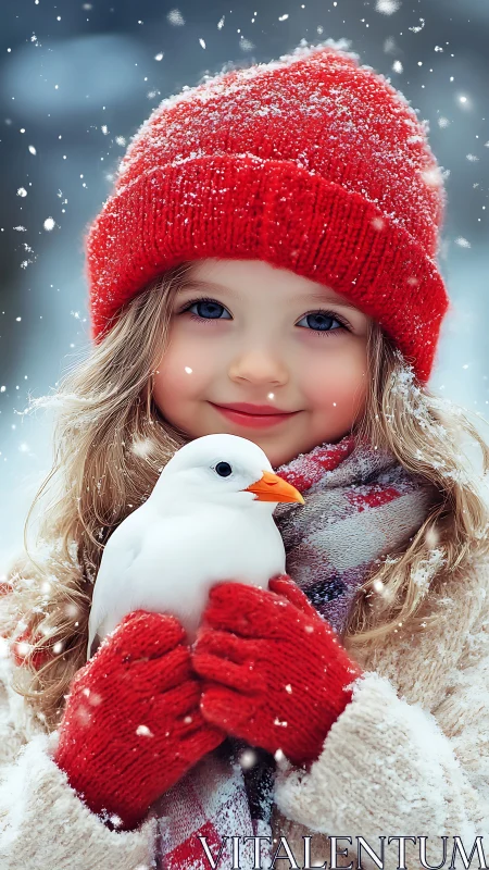 Red winter portrait of child holding white bird in snowfall