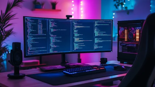 Ultrawide monitor with code in RGB desktop workspace.
