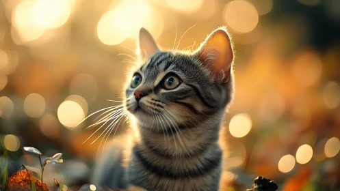Alert Tabby Cat Gazing Upward in Golden Bokeh Light