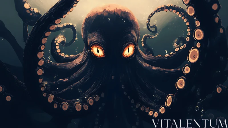 Abyssal ember-eyed kraken curls through liquid night.
