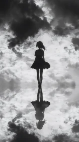 Silhouetted girl and reflection against cloudy sky.