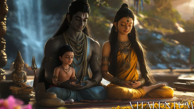 Devotional triad in riverside meditation with volumetric light.