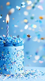 Blue Birthday Cake with Single Candle Against Soft Bokeh Background