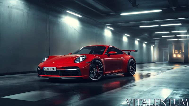 Red sports coupe rendered in a cinematic tunnel lighting setup