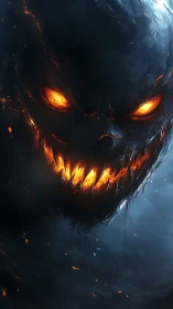 Infernal shadow demon with molten eyes and jagged grin.