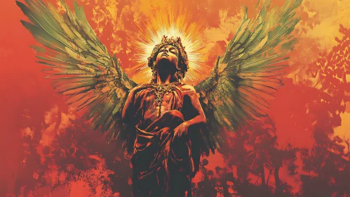 Winged angelic figure crowned by radiant golden light.