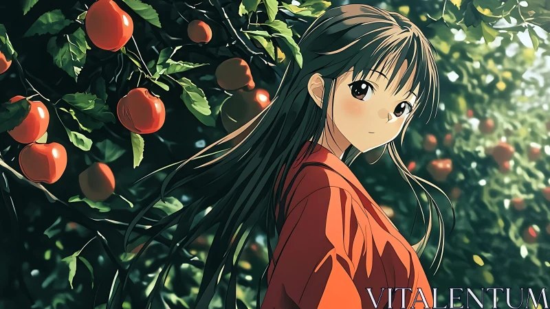 Female figure in red garment within dense apple orchard scene.