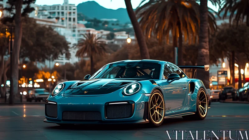 Sunset city cruise with a teal street-ready supercar.