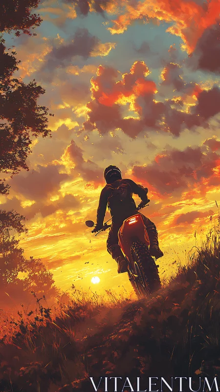 Motorcyclist climbs sunset hill under blazing painted sky.