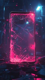 Broken smartphone with neon pink cracked screen in studio.