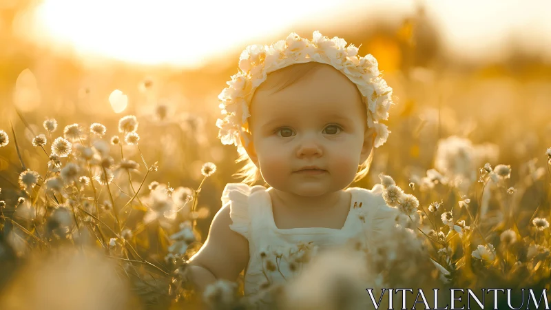 Baby in Blooming Dandelion Field Golden Hour Portrait