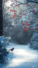 Snow covered forest clearing shows bird and red berries
