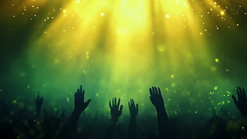 Crowd silhouettes reach toward glowing golden concert lights.