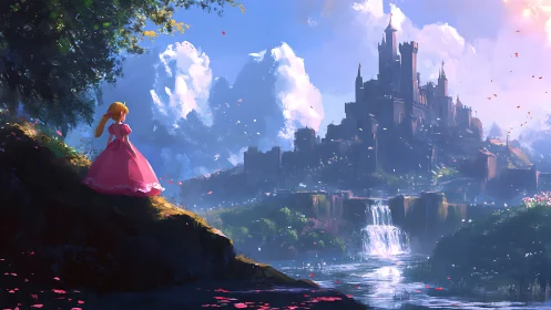 Solitary figure in pink dress surveys distant river castle