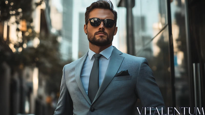 Man in tailored suit stands in urban business district street