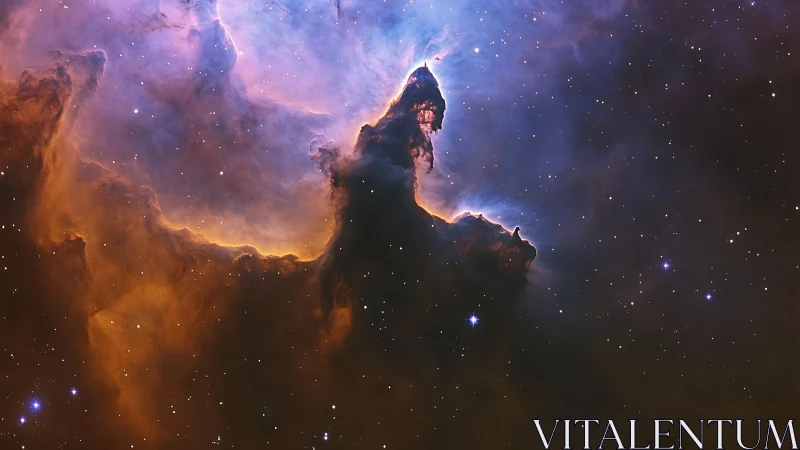 Nebular pillar silhouette under ionized violet-orange glow.