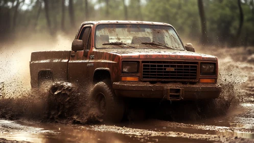 Classic pickup truck powers through deep forest mud trail