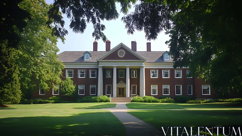 Neoclassical brick campus hall framed by lush summer trees.