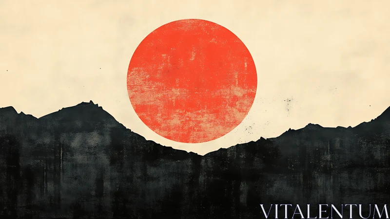 Red sun circle above rough black mountain silhouette