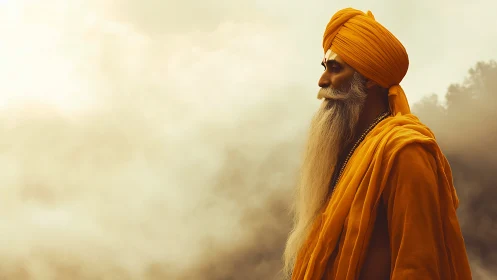 Side-profile ascetic in saffron garments amid diffuse mist field.